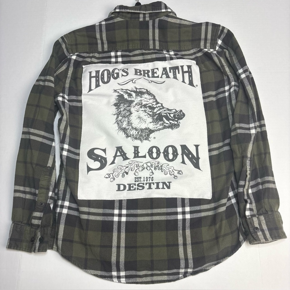 Upcycled Hogs Breath Saloon Medium Shirt Flannel Green Black White Destin FL